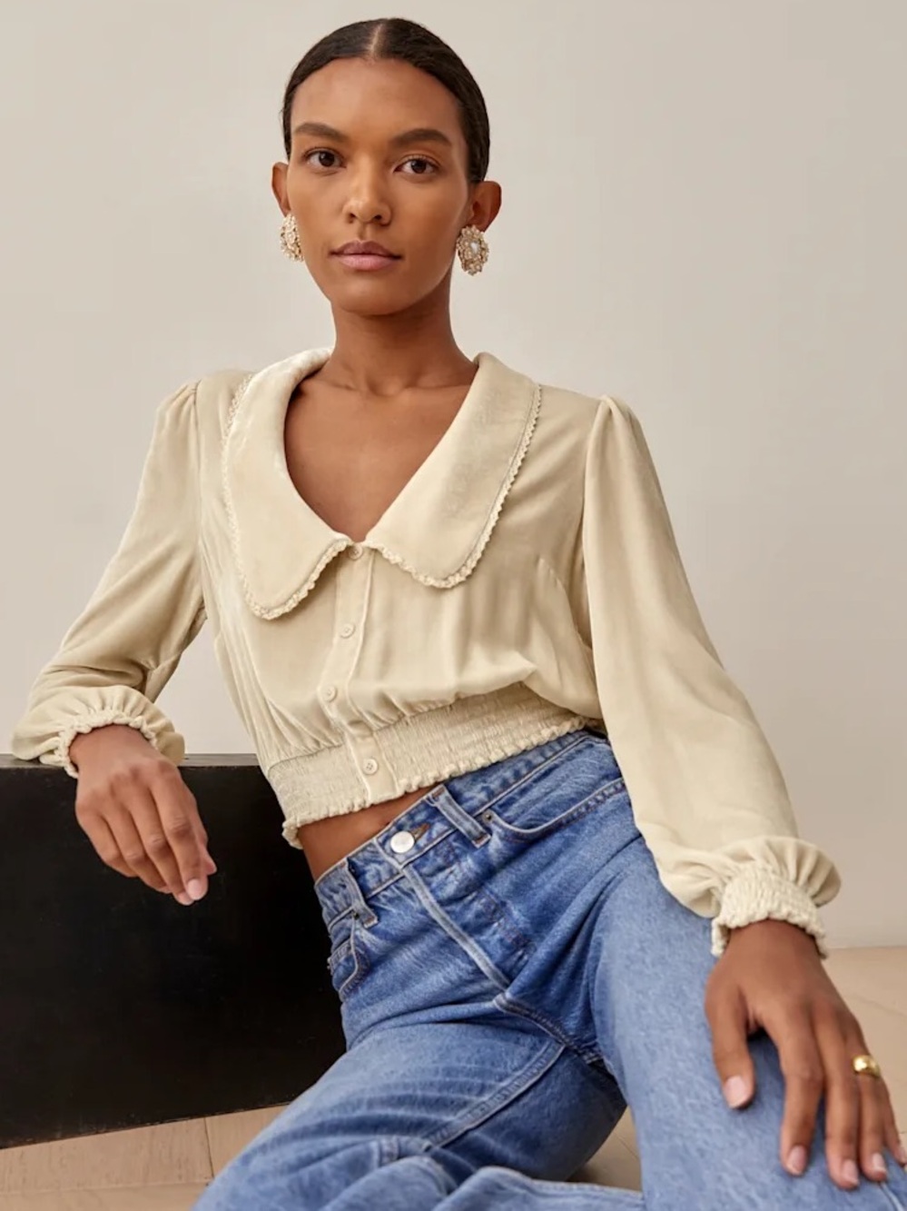 Reformation Jovanna Velvet Top In Cream Deep V Lace Trim Silk Rayon Blend SZ 10